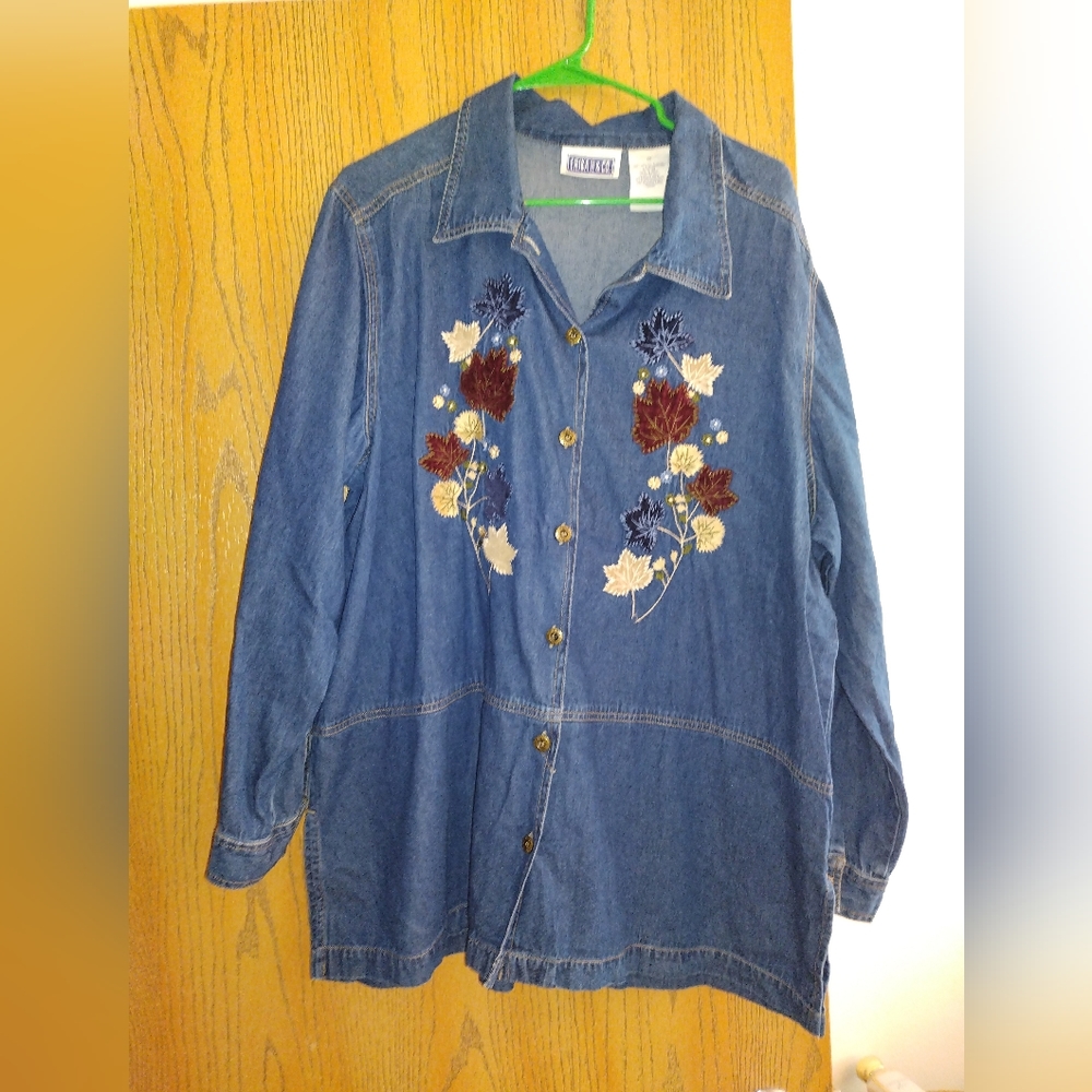 Button up denim Jean shirt with leaves